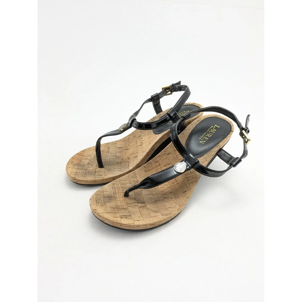 Womens Lauren Ralph Lauren Black T-Strap‎ Outdoor Casual Sandals Size 9
